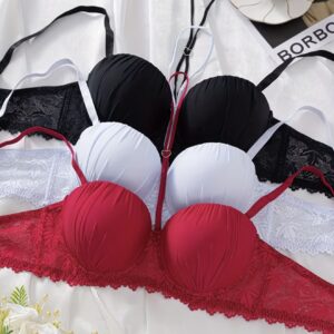 ست ۳ تکه لباس زیر زنانه سوتین توری با کاپ‌های تنفس‌پذیر و طراحی پوش‌آپ ضد افتادگی