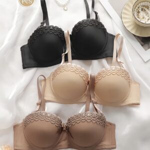 ست ۳ عددی سوتین زنانه با طرح پروانه گلدوزی شده، دارای فنر زیرسینه و طراحی ضد لغزش