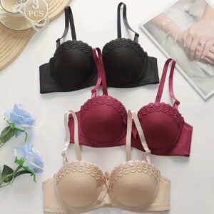 ست ۳ عددی سوتین زنانه با طرح پروانه گلدوزی شده، دارای فنر زیرسینه و طراحی ضد لغزش