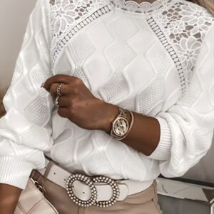 پلیور زنانه جدید آستین‌بلند، با طراحی تکه‌دوزی دانتل