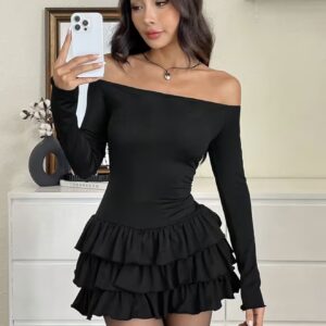 پیراهن مینی زنانه شیک با یقه باز و آستین بلند