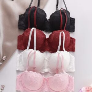ست ۴ تکه سوتین زنانه با توری و فنر فلزی، سوتین بالا با کاپ‌های نازک جمع‌کننده