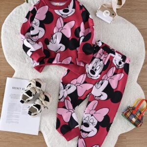 ست ۲ تکه لباس بچگانه با طرح کارتونی میکی موس – شامل بلوز آستین‌بلند یقه‌گرد و شلوار – مناسب دختران و پسران – راحت و کژوال