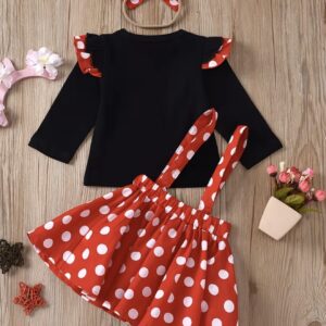 ست ۳ تکه دخترانه طرح میکی ماوس با آستین چین‌دار و طرح خال‌خالی – شامل بلوز آستین پفی، دامن ساسبند دار با خال‌خالی و هدبند