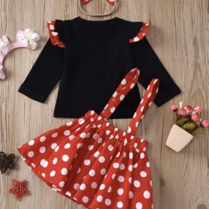 ست دخترانه ۳ تکه شامل تاپ با آستین چین‌دار (پروانه‌ای)، دامن بندی خال‌خالی و هدبند