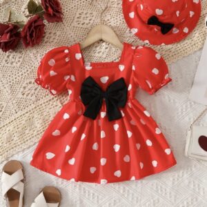 ‎پیراهن طرح میکی ماوس دخترانه به همراه کلاه، با آستین‌های پفی (مدل فانوسی)