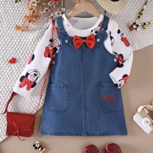 ست لباس بچگانه با طرح رسمی و دارای مجوز میکی و مینی موس – شامل بلوز آستین‌بلند میکی به همراه سارافون لی گلدوزی‌شده