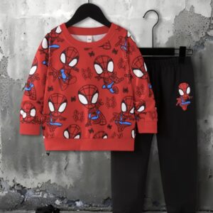 ست دو تکه بچگانه با طرح عنکبوت قرمز شیک  شامل بلوز یقه گرد گرم و شلوار مشکی راحت