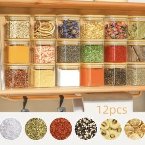 ست ۱۲ عددی شیشه نگهداری مواد غذایی – ساخته شده از شیشه بوروسیلیکات و درب بامبو با کیفیت غذایی و شفاف. مناسب برای تنقلات، غلات، چای، حبوبات، نمک، فلفل و چاشنیها،ادویه