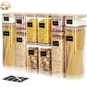 ست ۱۲ عددی ظروف نگهداری مواد غذایی – دارای درب بامبو و درزگیر هواگیر ساخته شده از جنس ایمن برای تماس با مواد غذایی، مناسب برای حفظ غلات، پاستا، شکر، قهوه، برنج و سایر مواد خوراکی حبوبات