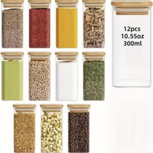ست ۱۲ عددی شیشه مربعی ادویه با درب بامبو فلیپتاپ – مناسب برای ادویهها، حبوبات گیاهان معطر، نمک، شکر و دانههای فلفل.