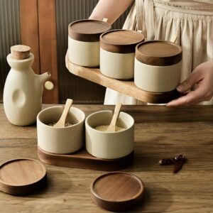 ست شیشه‌های ادویه سفالی به سبک ژاپنی با درب و قاشق – مناسب برای نگهداری نمک، شکر و ادویه‌ها