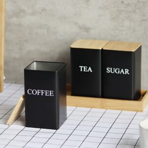 ست ۳ عددی ظروف فلزی نگهداری مواد غذایی – مناسب برای چای، قهوه و شکر.  دارای درب فلیپ‌تاپ و درب بامبو