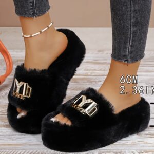 صندل خزدار زنانه مد روز با کفی ضخیم و بلندکننده قد