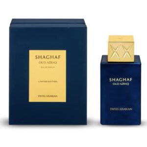 ادکلن یونیسکس Shaghaf Oud Azraq – Eau de Parfum حجم ۷۵ میل – عطر شرقی، چوبی و لوکس با رایحه عود و عنبر طلایی با ترکیبی از عود، وانیل و چرم