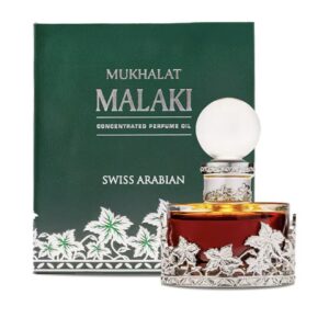 ادکلن روغنی Mukhalat Malaki – یونیسکس، Swiss Arabian – یک عطر لوکس، غنی و سلطنتی با رایحهای گلی، چوبی و شرقی با ماندگاری بسیار بالا ترکیبی از گل رز، زعفران و عود سلطنتی را با پایهای چوبی و گرم