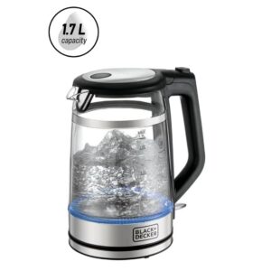 کتری شیشه‌ای برقی با سیستم گرمایش سریع و محافظ دوجداره برای ایمنی بیشتر. دارای روکش استیل ضدزنگ باکیفیت و نور LED آبی هنگام جوش آمدن آب