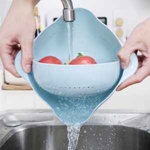 آبکش شست‌وشوی میوه و سبزیجات دوجداره  دارای سبد فیلتر چرخان و سبد تخلیه آب که آب را بدون ریختن اضافی تخلیه می‌کند