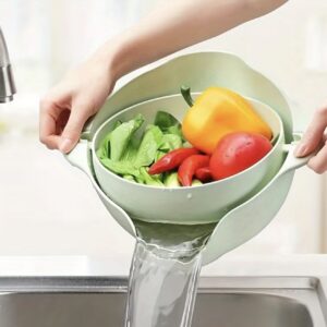 آبکش شست‌وشوی میوه و سبزیجات دوجداره  دارای سبد فیلتر چرخان و سبد تخلیه آب که آب را بدون ریختن اضافی تخلیه می‌کند