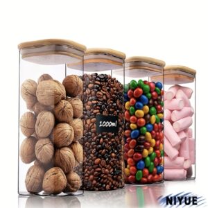 ست ۴ عددی ظرف شیشهای دربدار، ظرفیت بزرگ، مناسب برای نگهداری آبنبات، کوکی، برنج، شکر، آرد، پاستا، غلات، آجیل و ادویهها، حبوبات