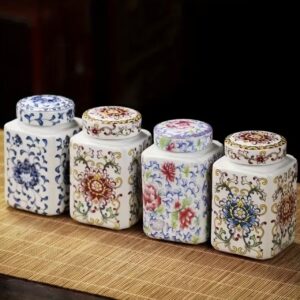 ست ۴ عددی ظرف سرامیکی با طراحی آبی و سفید و الگوی گل نیلوفر