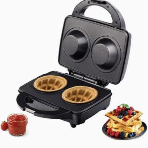 دستگاه دوکاره وافل‌ساز و نان قیفی بستنی، وافل‌ساز برقی بلژیکی با صفحات نچسب و دسته خنک