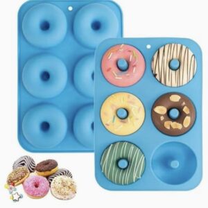 قالب سیلیکونی دونات برای ۶ عدد دونات، بسته ۲ عددی، قالب پخت باقلوا/بیگل از سیلیکون، نچسب، قابل شستشو در ماشین ظرفشویی، مقاوم در برابر حرارت و قابل استفاده در مایکروویو. رنگ: آبی