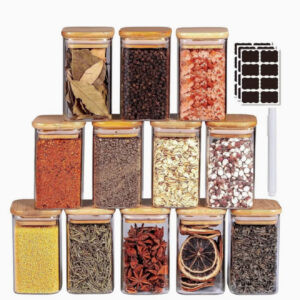 ست ۱۲ عددی شیشههای نگهداری ۳۰۰ میلیلیتری، شیشههای ادویه و حبوبات با درب بامبو درببندی (هوابند) همراه با برچسب