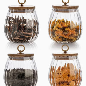 ست ۴ عددی شیشههای حبوبات، با درب بامبو، طراحی گلبرگی