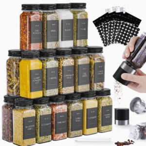 ست ۲۴ عددی شیشه ادویه و برچسب همراه با آسیاب فلفل، قیف استیل ضدزنگ برای پر کردن،
