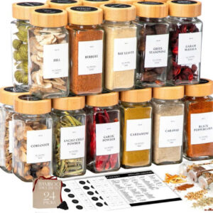 ست ۲۴ عددی شیشه ادویه شفاف با درب بامبو، دارای برچسب