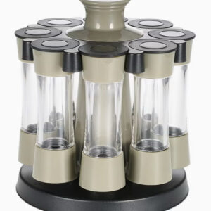 ست ۸ عددی شیشه ادویه چرخان، رنگ‌ها: مشکی، خاکستری و شفاف، ابعاد پایه: ۲۱ × ۱۷.۵ سانتی‌متر