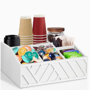 سبد چوبی نگهداری کپسولهای قهوه و لوازم جانبی قهوه، مناسب برای شکر، چای، اسپرسو، فنجانها، رنگ سفید، ایدهآل برای دکوراسیون