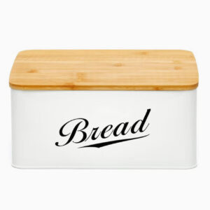 جعبه نان فلزی مدرن، دارای درب تخته برش بامبو،