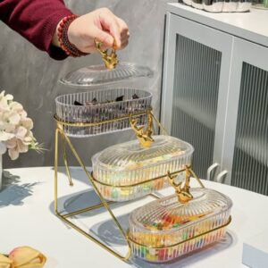 سینی سرو آجیل و شکلات سه‌طبقه با درب و استند آبکاری طلایی