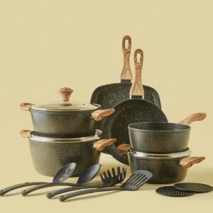 ست ظروف آشپزی آلومینیومی ۱۵ پارچه با سطح نچسب، دسته‌های با طرح چوب و درب‌های شیشه‌ای مقاوم حرارتی، فاقد PFOA.