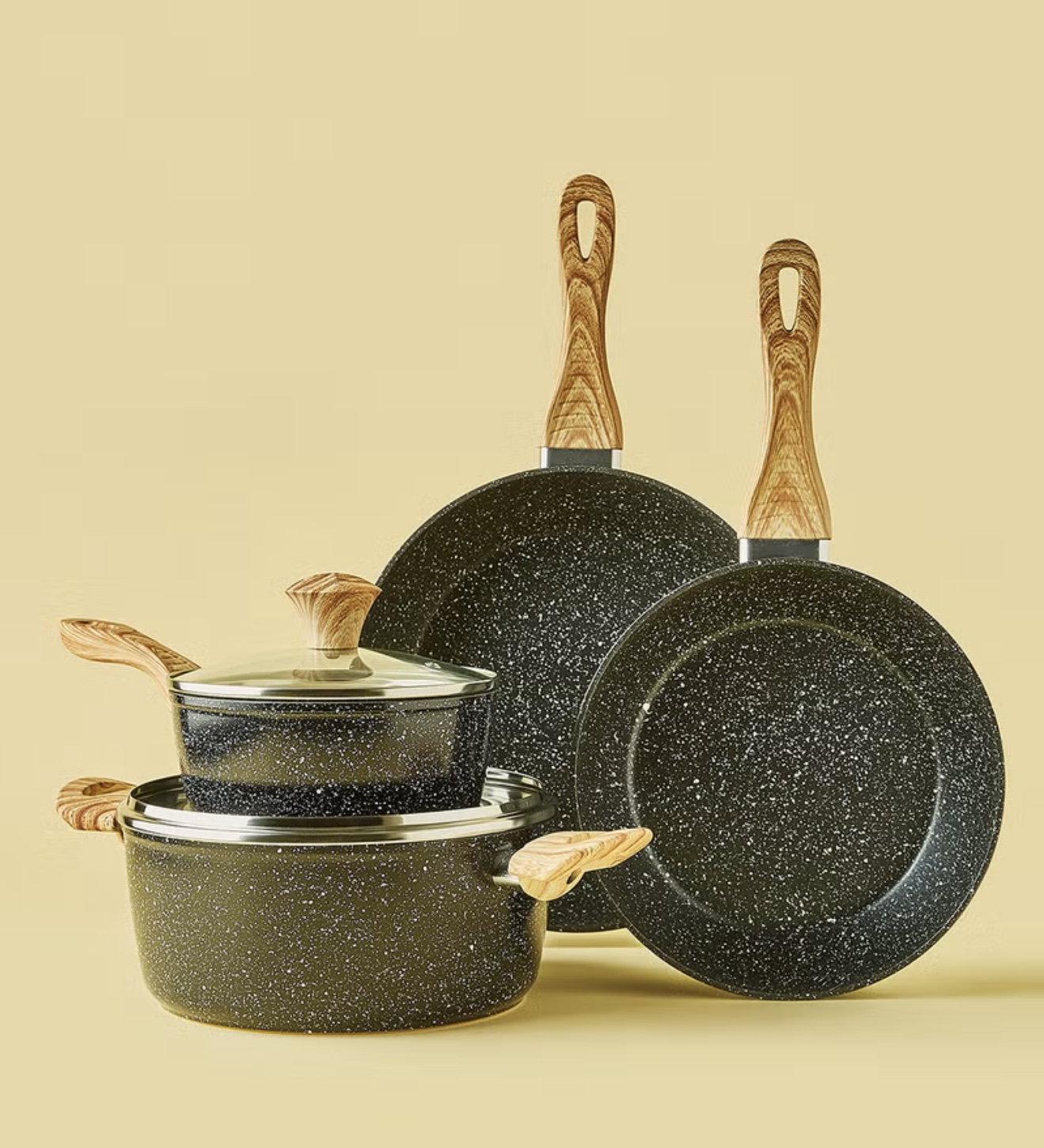 ست قابلمه و تابه ۶ تکه آلومینیومی دارای سطح نچسب با دستههای طرح چوب همراه با دربهای شیشهای مقاوم به حرارت و فاقد مواد مضر PFOA