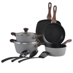 ست ۱۰ تکه قابلمه و تابه آلومینیومی با پوشش نچسب و دسته‌های طرح چوب