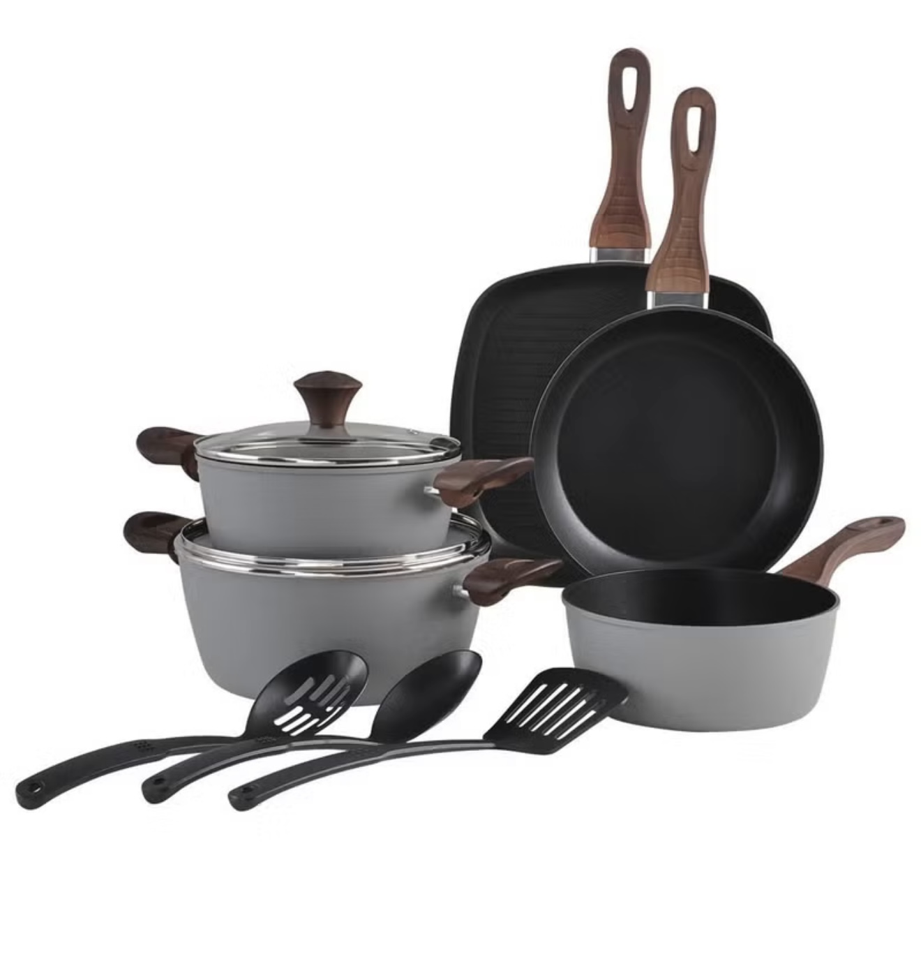 ست ۱۰ تکه قابلمه و تابه آلومینیومی با پوشش نچسب و دستههای طرح چوب