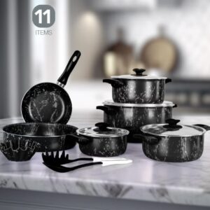 ست ۱۱ تکه قابلمه و تابه آلومینیومی با پوشش مرمری