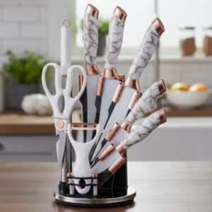 ست ۹ تکه چاقوی آشپزخانه همراه با پایه آکریلیک و تیزکن، ساخته شده از استیل ضدزنگ با روکش نچسب، پایه چرخشی ضدزنگ