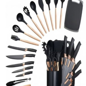 ۱۹ تکه ابزار آشپزی سیلیکونی – ابزار پختوپز با دسته چوبی، سیلیکون مقاوم در برابر حرارت بالا، مناسب برای ظروف و قابلمههای نچسب