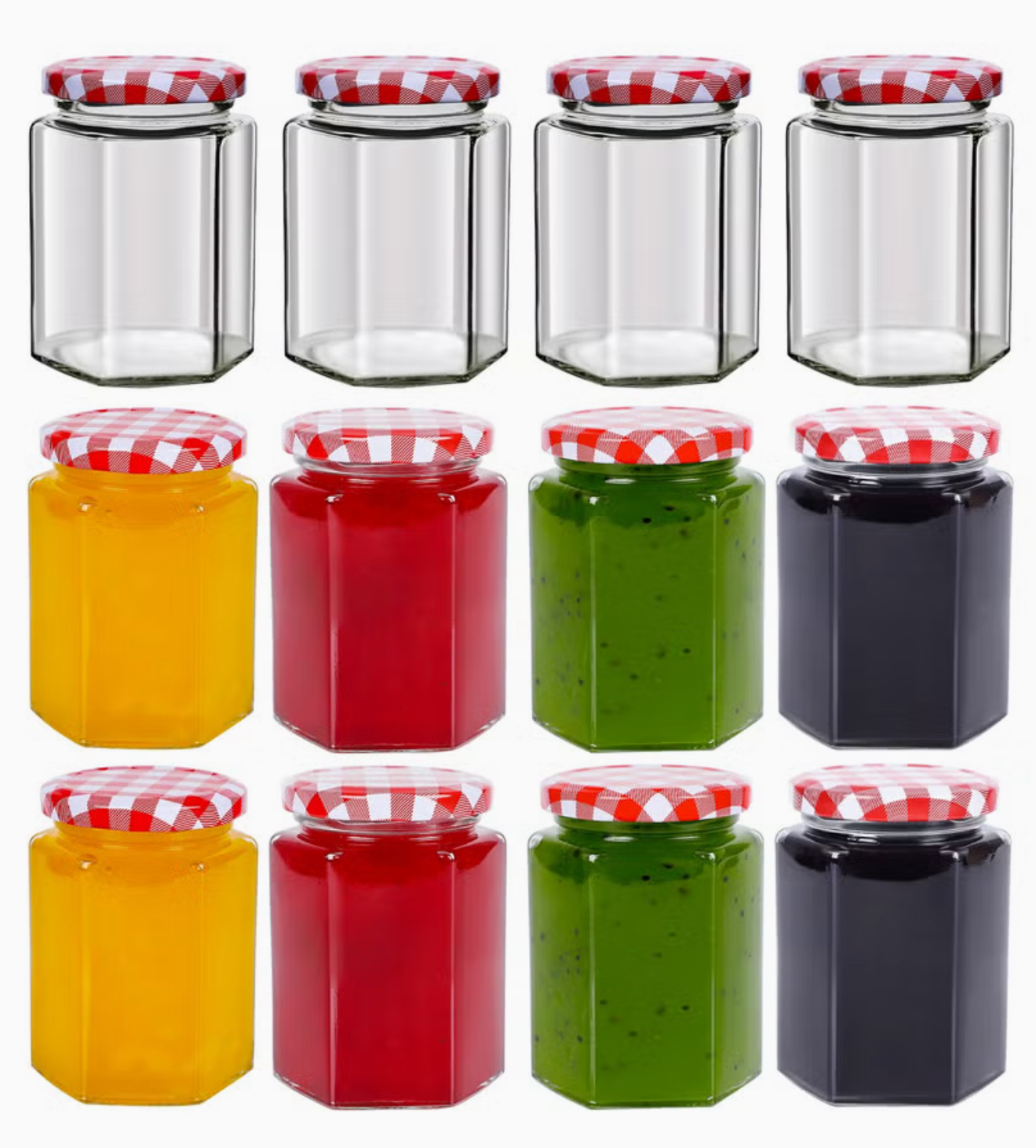 بسته ۱۲ عددی شیشه ششضلعی با درِ قرمز چهارخانه و درببندی کاملاً هوابند، مناسب برای مربا، عسل، ترشی، نگهداری مواد غذایی و ادویهها