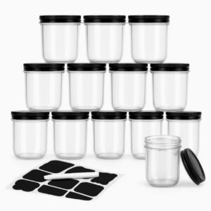 بسته ۱۲ عددی شیشه میسون ۱ با درب‌های مشکی و مناسب برای کنسرو و نگهداری؛ ایده‌آل برای مربا، عسل، ژله، غذای کودک و ادویه‌ها