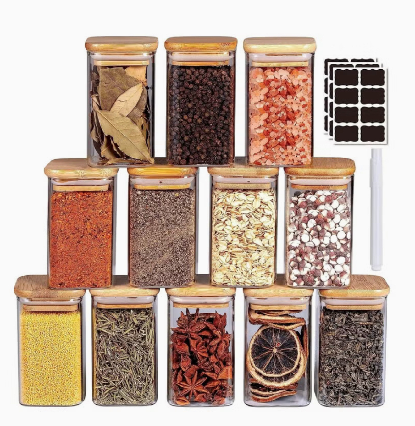 ست ۱۲ عددی شیشه ادویه ۳۰۰ میلیلیتری با درب بامبو هوابند و برچسبها، مناسب برای نگهداری غذا، غلات، ادویهها، چای، قهوه، آرد و دانهها