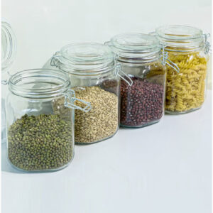 بسته ۴ عددی شیشه میسون بزرگ با درب، ظرفیت ۱۱۰۰ میلی‌لیتر، مناسب برای نگهداری، کنسرو و ترشی؛ ایده‌آل برای غلات، شکر ،حبوبات