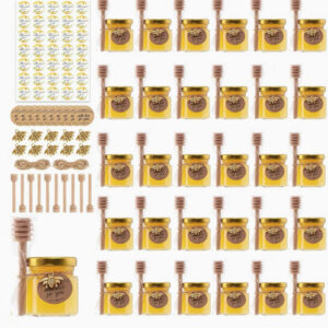 بسته ۳۰ عددی شیشه کوچک عسل با قاشق طراحی شش‌ضلعی شفاف