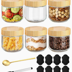 بسته ۶ عددی شیشه ای با درب هوابند بامبو، مناسب برای جو دوسر،حبوبات، همراه با ۱ قاشق، ۱ خودکار و ۸ برچسب تختهسیاهی،