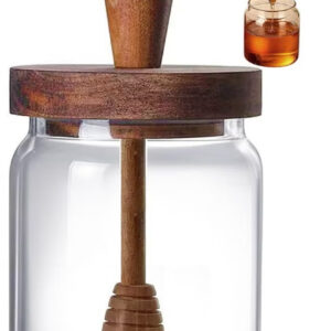 شیشه عسل با قاشق و درب هوا‌بند از چوب آکاسیا، مناسب برای نگهداری عسل