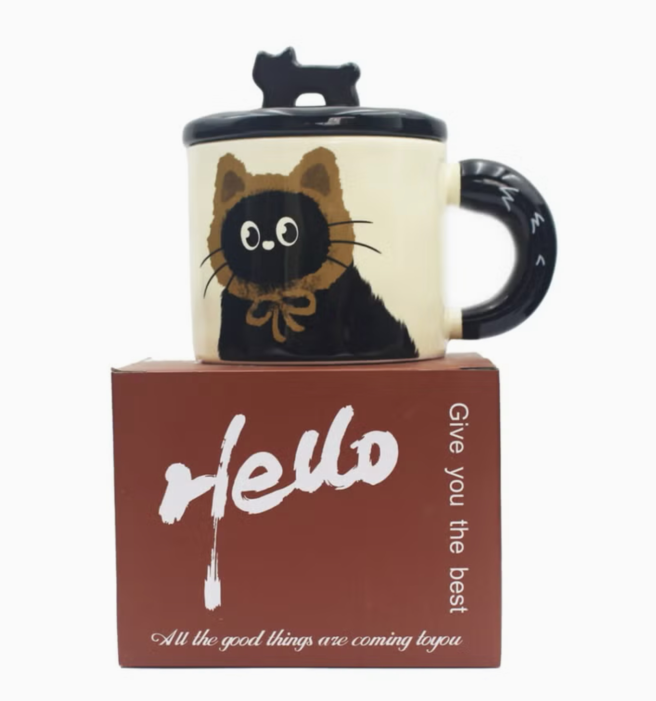 ماگ سرامیکی با درب و طرح گربه کوچک سیاه، مناسب برای قهوه، چای و نوشیدنیهای سرد، قابل استفاده در مایکروویو و ماشین ظرفشویی، ظرفیت ۳۷۰ میلیلیتر